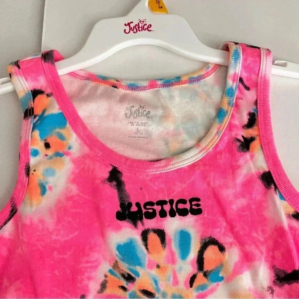 Justice Girls Cinch Side Tank & Short Outfit Set Size Large (12/14) Pink Tie-Dye